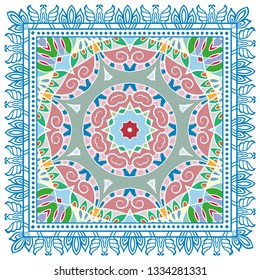 Decorative colorful ornament on white background, symmetric pattern with doodle lace frame. Tribal ethnic mandala decor. Bandana shawl, tablecloth fabric print, silk neck scarf, kerchief design