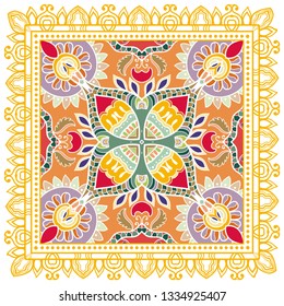 Decorative colorful ornament on white background, symmetric pattern with doodle lace frame. Tribal ethnic mandala decor. Bandana shawl, tablecloth fabric print, silk neck scarf, kerchief design