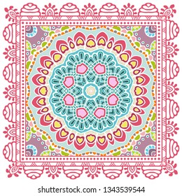 Decorative colorful ornament on white background, symmetric pattern with doodle lace frame. Tribal ethnic mandala decor. Bandana shawl, tablecloth fabric print, silk neck scarf, kerchief design