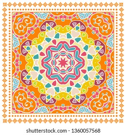 Decorative colorful ornament on white background, symmetric pattern with doodle lace frame. Tribal ethnic mandala decor. Bandana shawl, tablecloth fabric print, silk neck scarf, kerchief design