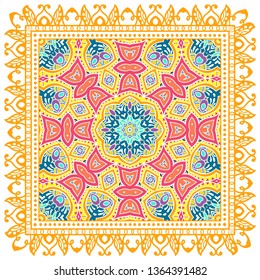 Decorative colorful ornament on white background, symmetric pattern with doodle lace frame. Tribal ethnic mandala decor. Bandana shawl, tablecloth fabric print, silk neck scarf, kerchief design