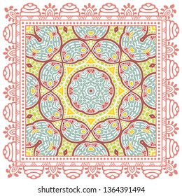 Decorative colorful ornament on white background, symmetric pattern with doodle lace frame. Tribal ethnic mandala decor. Bandana shawl, tablecloth fabric print, silk neck scarf, kerchief design