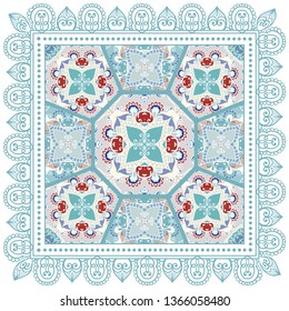 Decorative colorful ornament on white background, symmetric pattern with doodle lace frame. Tribal ethnic mandala decor. Bandana shawl, tablecloth fabric print, silk neck scarf, kerchief design