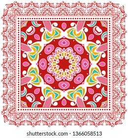 Decorative colorful ornament on white background, symmetric pattern with doodle lace frame. Tribal ethnic mandala decor. Bandana shawl, tablecloth fabric print, silk neck scarf, kerchief design