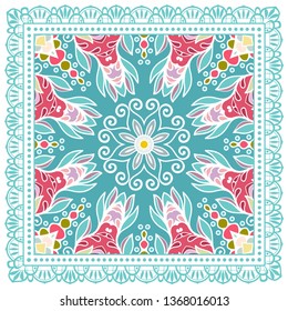Decorative colorful ornament on white background, symmetric pattern with doodle lace frame. Tribal ethnic mandala decor. Bandana shawl, tablecloth fabric print, silk neck scarf, kerchief design
