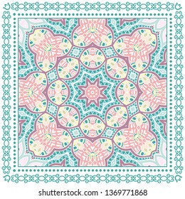 Decorative colorful ornament on white background, symmetric pattern with doodle lace frame. Tribal ethnic mandala decor. Bandana shawl, tablecloth fabric print, silk neck scarf, kerchief design
