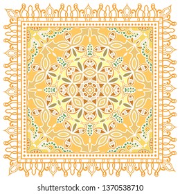 Decorative colorful ornament on white background, symmetric pattern with doodle lace frame. Tribal ethnic mandala decor. Bandana shawl, tablecloth fabric print, silk neck scarf, kerchief design