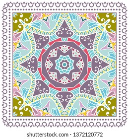 Decorative colorful ornament on white background, symmetric pattern with doodle lace frame. Tribal ethnic mandala decor. Bandana shawl, tablecloth fabric print, silk neck scarf, kerchief design