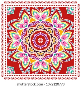 Decorative colorful ornament on white background, symmetric pattern with doodle lace frame. Tribal ethnic mandala decor. Bandana shawl, tablecloth fabric print, silk neck scarf, kerchief design