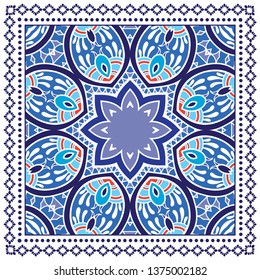 Decorative colorful ornament on white background, symmetric pattern with doodle lace frame. Tribal ethnic mandala decor. Bandana shawl, tablecloth fabric print, silk neck scarf, kerchief design