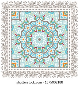 Decorative colorful ornament on white background, symmetric pattern with doodle lace frame. Tribal ethnic mandala decor. Bandana shawl, tablecloth fabric print, silk neck scarf, kerchief design