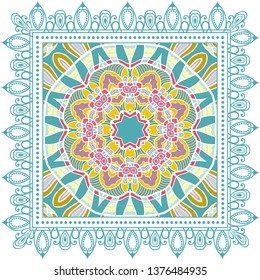 Decorative colorful ornament on white background, symmetric pattern with doodle lace frame. Tribal ethnic mandala decor. Bandana shawl, tablecloth fabric print, silk neck scarf, kerchief design