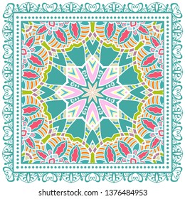 Decorative colorful ornament on white background, symmetric pattern with doodle lace frame. Tribal ethnic mandala decor. Bandana shawl, tablecloth fabric print, silk neck scarf, kerchief design