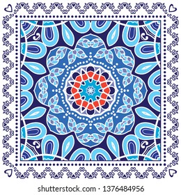 Decorative colorful ornament on white background, symmetric pattern with doodle lace frame. Tribal ethnic mandala decor. Bandana shawl, tablecloth fabric print, silk neck scarf, kerchief design