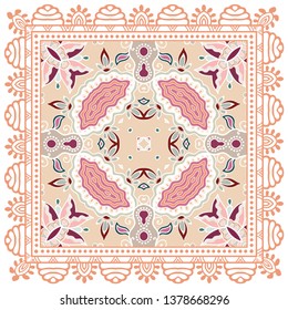 Decorative colorful ornament on white background, symmetric pattern with doodle lace frame. Tribal ethnic mandala decor. Bandana shawl, tablecloth fabric print, silk neck scarf, kerchief design