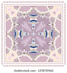 Decorative colorful ornament on white background, symmetric pattern with doodle lace frame. Tribal ethnic mandala decor. Bandana shawl, tablecloth fabric print, silk neck scarf, kerchief design