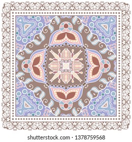 Decorative colorful ornament on white background, symmetric pattern with doodle lace frame. Tribal ethnic mandala decor. Bandana shawl, tablecloth fabric print, silk neck scarf, kerchief design