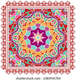 Decorative colorful ornament on white background, symmetric pattern with doodle lace frame. Tribal ethnic mandala decor. Bandana shawl, tablecloth fabric print, silk neck scarf, kerchief design
