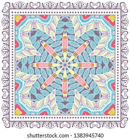 Decorative colorful ornament on white background, symmetric pattern with doodle lace frame. Tribal ethnic mandala decor. Bandana shawl, tablecloth fabric print, silk neck scarf, kerchief design