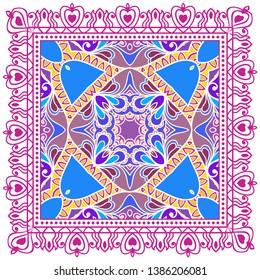 Decorative colorful ornament on white background, symmetric pattern with doodle lace frame. Tribal ethnic mandala decor. Bandana shawl, tablecloth fabric print, silk neck scarf, kerchief design