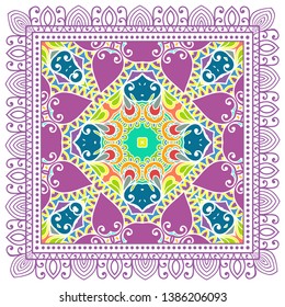 Decorative colorful ornament on white background, symmetric pattern with doodle lace frame. Tribal ethnic mandala decor. Bandana shawl, tablecloth fabric print, silk neck scarf, kerchief design