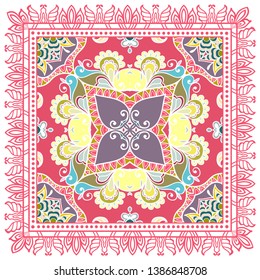 Decorative colorful ornament on white background, symmetric pattern with doodle lace frame. Tribal ethnic mandala decor. Bandana shawl, tablecloth fabric print, silk neck scarf, kerchief design