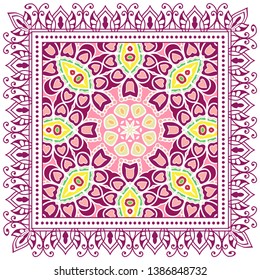 Decorative colorful ornament on white background, symmetric pattern with doodle lace frame. Tribal ethnic mandala decor. Bandana shawl, tablecloth fabric print, silk neck scarf, kerchief design