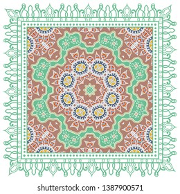 Decorative colorful ornament on white background, symmetric pattern with doodle lace frame. Tribal ethnic mandala decor. Bandana shawl, tablecloth fabric print, silk neck scarf, kerchief design