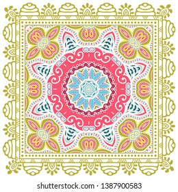 Decorative colorful ornament on white background, symmetric pattern with doodle lace frame. Tribal ethnic mandala decor. Bandana shawl, tablecloth fabric print, silk neck scarf, kerchief design