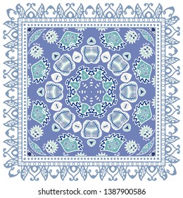 Decorative colorful ornament on white background, symmetric pattern with doodle lace frame. Tribal ethnic mandala decor. Bandana shawl, tablecloth fabric print, silk neck scarf, kerchief design