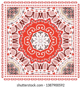 Decorative colorful ornament on white background, symmetric pattern with doodle lace frame. Tribal ethnic mandala decor. Bandana shawl, tablecloth fabric print, silk neck scarf, kerchief design