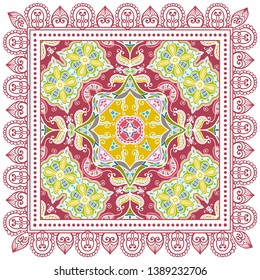 Decorative colorful ornament on white background, symmetric pattern with doodle lace frame. Tribal ethnic mandala decor. Bandana shawl, tablecloth fabric print, silk neck scarf, kerchief design