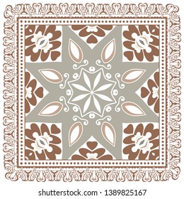 Decorative colorful ornament on white background, symmetric pattern with doodle lace frame. Tribal ethnic mandala decor. Bandana shawl, tablecloth fabric print, silk neck scarf, kerchief design