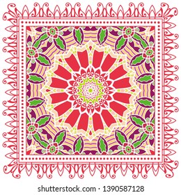 Decorative colorful ornament on white background, symmetric pattern with doodle lace frame. Tribal ethnic mandala decor. Bandana shawl, tablecloth fabric print, silk neck scarf, kerchief design