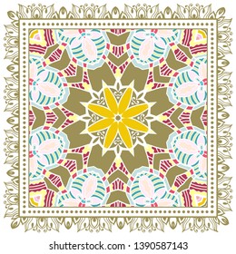Decorative colorful ornament on white background, symmetric pattern with doodle lace frame. Tribal ethnic mandala decor. Bandana shawl, tablecloth fabric print, silk neck scarf, kerchief design