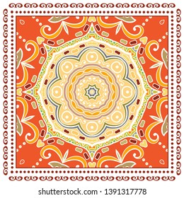 Decorative colorful ornament on white background, symmetric pattern with doodle lace frame. Tribal ethnic mandala decor. Bandana shawl, tablecloth fabric print, silk neck scarf, kerchief design