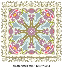 Decorative colorful ornament on white background, symmetric pattern with doodle lace frame. Tribal ethnic mandala decor. Bandana shawl, tablecloth fabric print, silk neck scarf, kerchief design