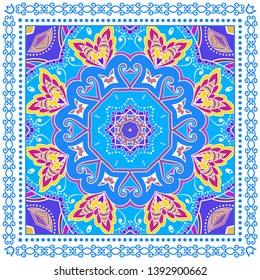 Decorative colorful ornament on white background, symmetric pattern with doodle lace frame. Tribal ethnic mandala decor. Bandana shawl, tablecloth fabric print, silk neck scarf, kerchief design