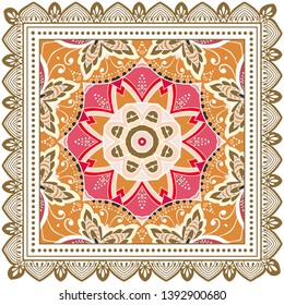 Decorative colorful ornament on white background, symmetric pattern with doodle lace frame. Tribal ethnic mandala decor. Bandana shawl, tablecloth fabric print, silk neck scarf, kerchief design