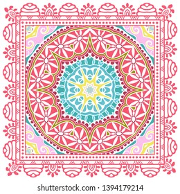 Decorative colorful ornament on white background, symmetric pattern with doodle lace frame. Tribal ethnic mandala decor. Bandana shawl, tablecloth fabric print, silk neck scarf, kerchief design