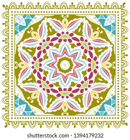 Decorative colorful ornament on white background, symmetric pattern with doodle lace frame. Tribal ethnic mandala decor. Bandana shawl, tablecloth fabric print, silk neck scarf, kerchief design
