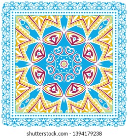 Decorative colorful ornament on white background, symmetric pattern with doodle lace frame. Tribal ethnic mandala decor. Bandana shawl, tablecloth fabric print, silk neck scarf, kerchief design