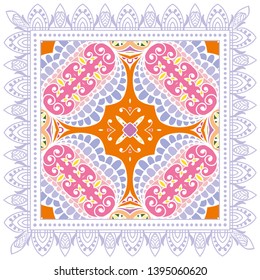 Decorative colorful ornament on white background, symmetric pattern with doodle lace frame. Tribal ethnic mandala decor. Bandana shawl, tablecloth fabric print, silk neck scarf, kerchief design