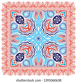 Decorative colorful ornament on white background, symmetric pattern with doodle lace frame. Tribal ethnic mandala decor. Bandana shawl, tablecloth fabric print, silk neck scarf, kerchief design