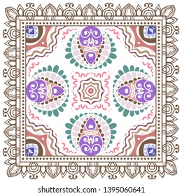 Decorative colorful ornament on white background, symmetric pattern with doodle lace frame. Tribal ethnic mandala decor. Bandana shawl, tablecloth fabric print, silk neck scarf, kerchief design
