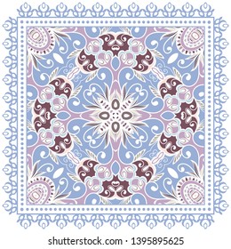 Decorative colorful ornament on white background, symmetric pattern with doodle lace frame. Tribal ethnic mandala decor. Bandana shawl, tablecloth fabric print, silk neck scarf, kerchief design