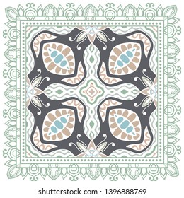 Decorative colorful ornament on white background, symmetric pattern with doodle lace frame. Tribal ethnic mandala decor. Bandana shawl, tablecloth fabric print, silk neck scarf, kerchief design