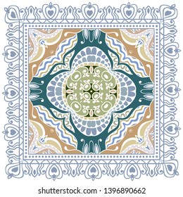 Decorative colorful ornament on white background, symmetric pattern with doodle lace frame. Tribal ethnic mandala decor. Bandana shawl, tablecloth fabric print, silk neck scarf, kerchief design
