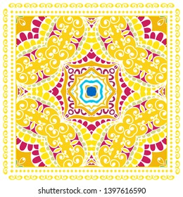 Decorative colorful ornament on white background, symmetric pattern with doodle lace frame. Tribal ethnic mandala decor. Bandana shawl, tablecloth fabric print, silk neck scarf, kerchief design