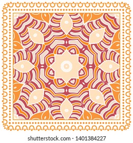 Decorative colorful ornament on white background, symmetric pattern with doodle lace frame. Tribal ethnic mandala decor. Bandana shawl, tablecloth fabric print, silk neck scarf, kerchief design